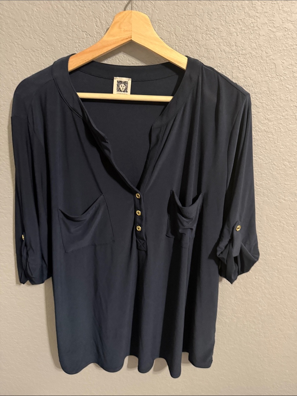 Anne Klein Navy Button-Front Henley Tunic